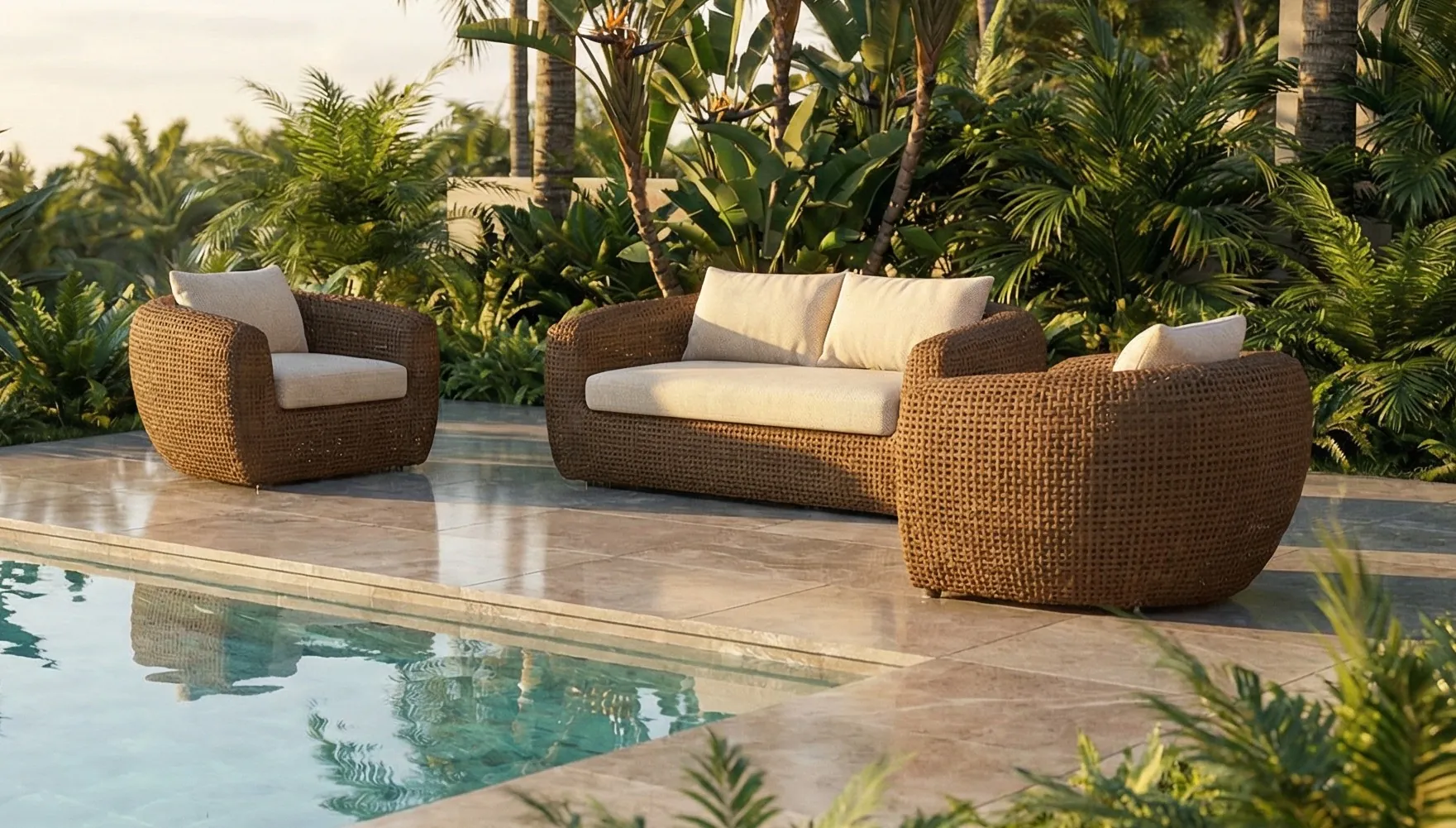 Conjunto Florá em trançado de rattan, em ambiente